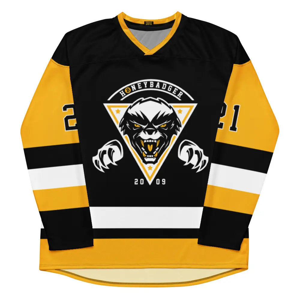Black and Yellow Bitcoin Jersey with honeybadger front print face with claws - Hockey Fan Jersey