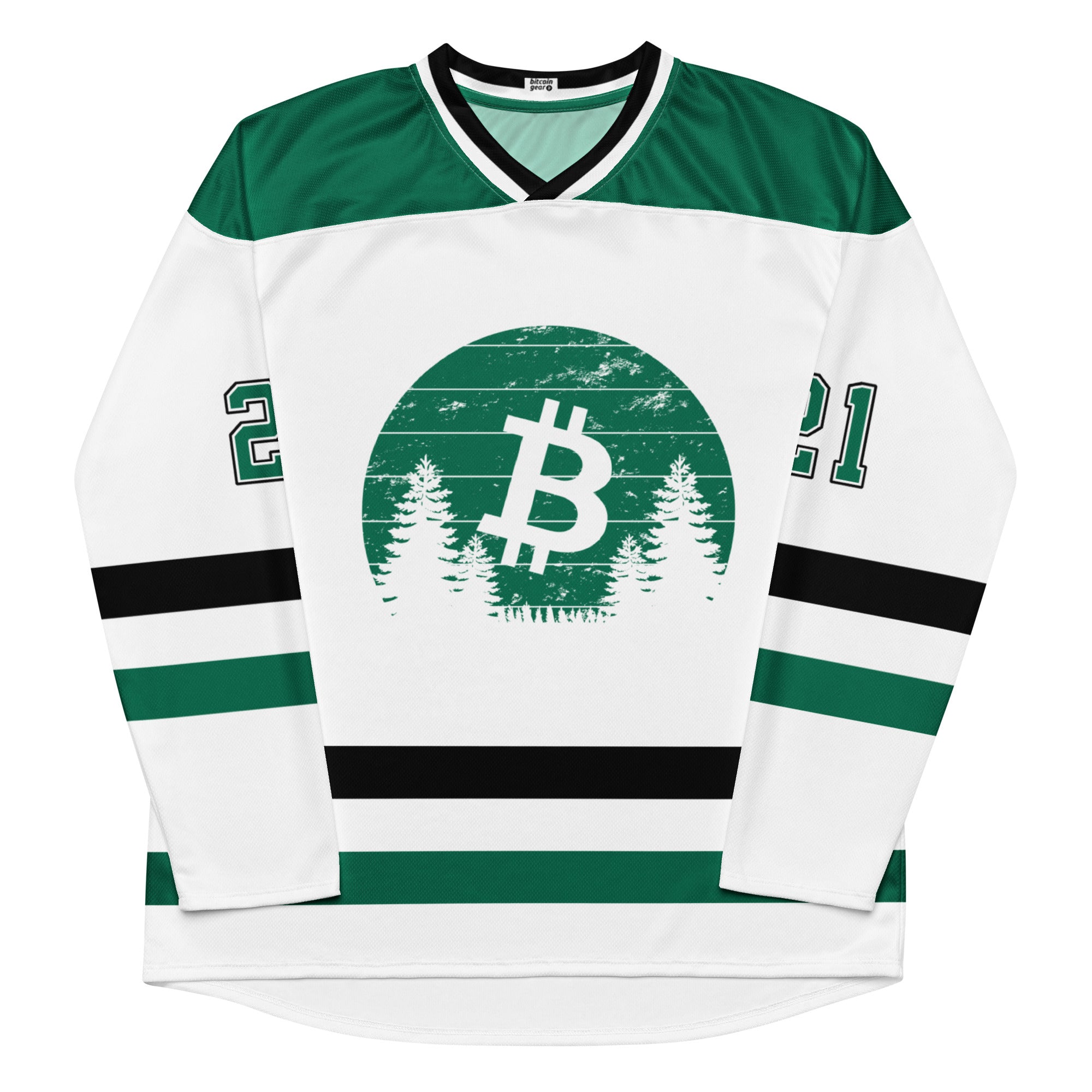 Bitcoin Jersey - Bitcoin Merchandise - White Green and Black Collars - Bitcoin Sunrise