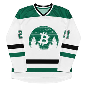 Bitcoin Jersey - Bitcoin Merchandise - White Green and Black Collars - Bitcoin Sunrise