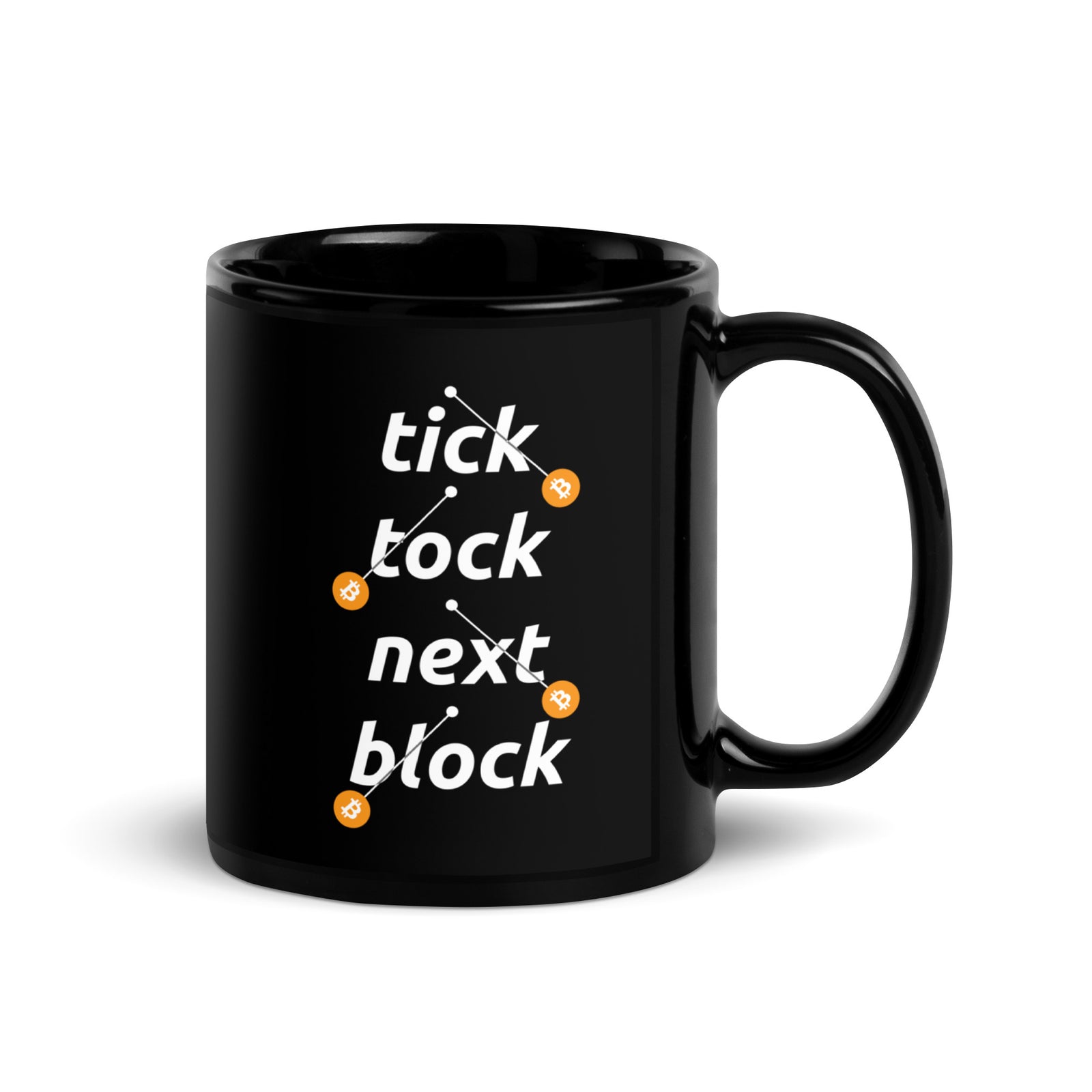 Black Glossy Bitcoin Mug - Tick Tock Next Block - Bitcoin Merchandise