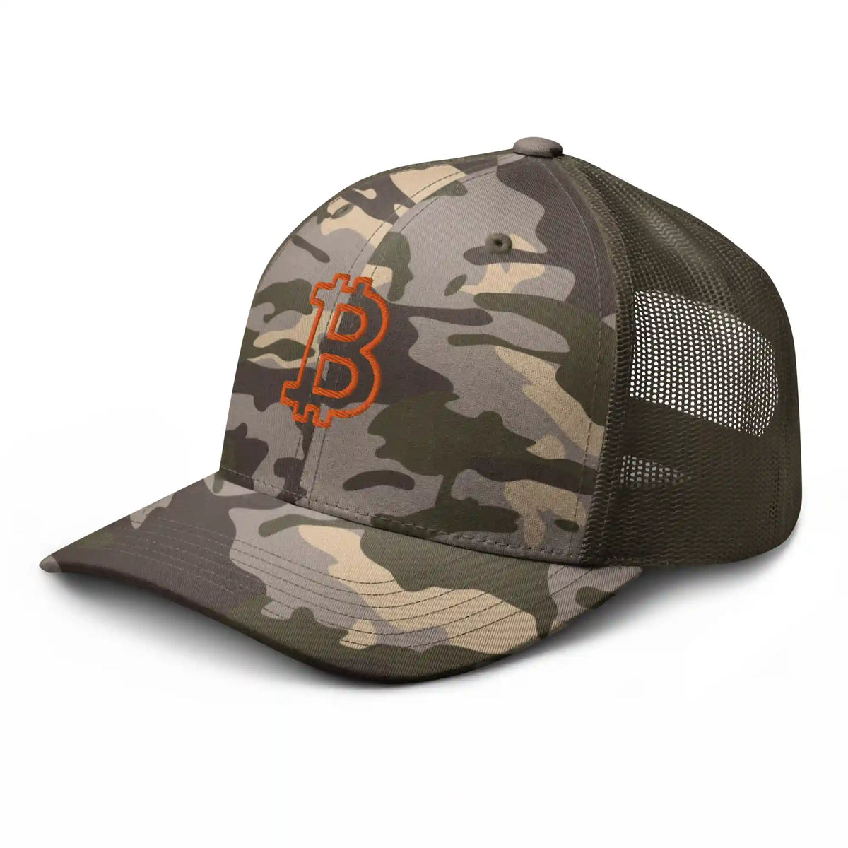 Bitcoin Hat - Camo Hat with orange bitcoin symbol embroidery - Bitcoin Merch