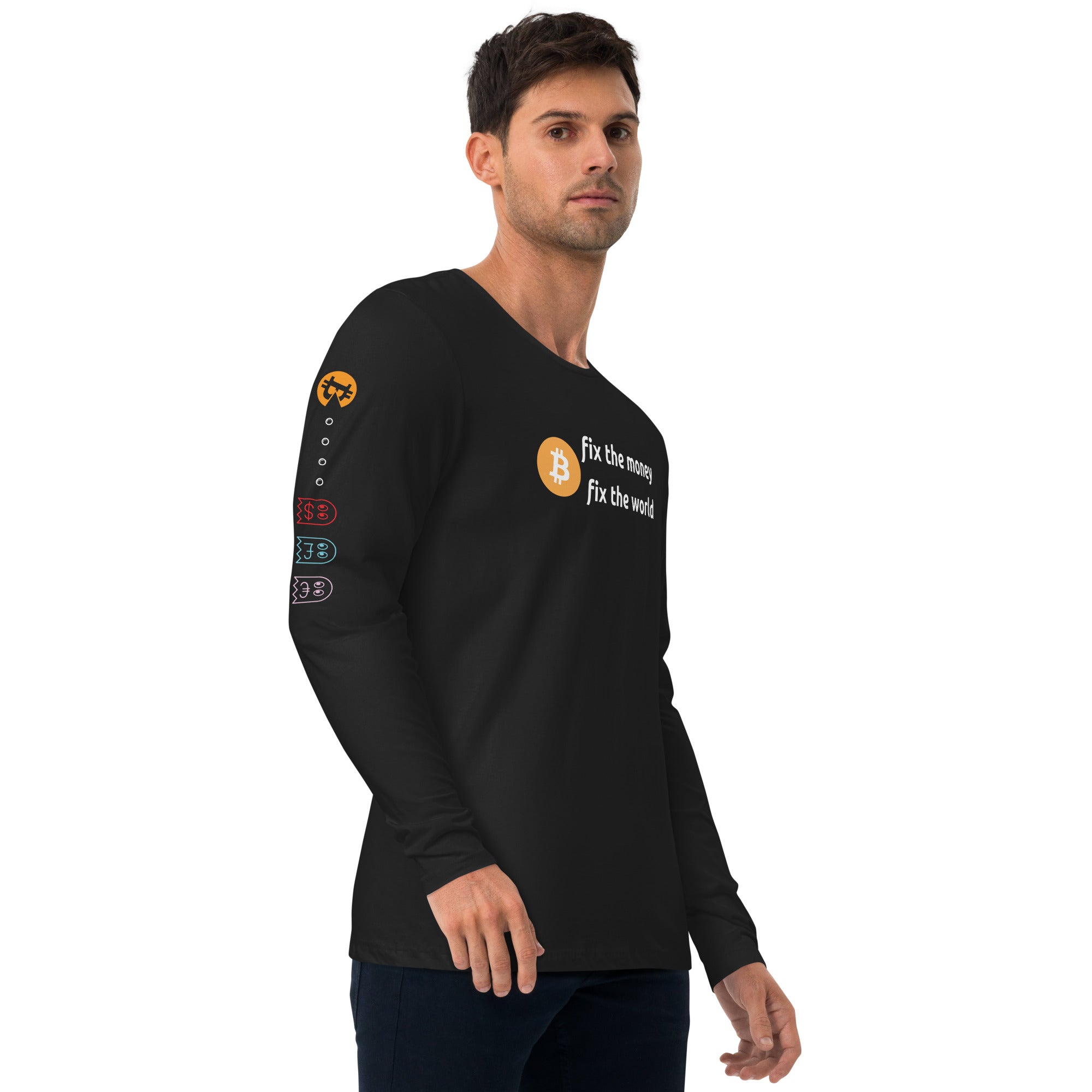 Bitcoin Merchandise - Bitcoin Shirt - Long Sleeve - Fix The Money Fix The World - Pac Man - Fiat Currencies