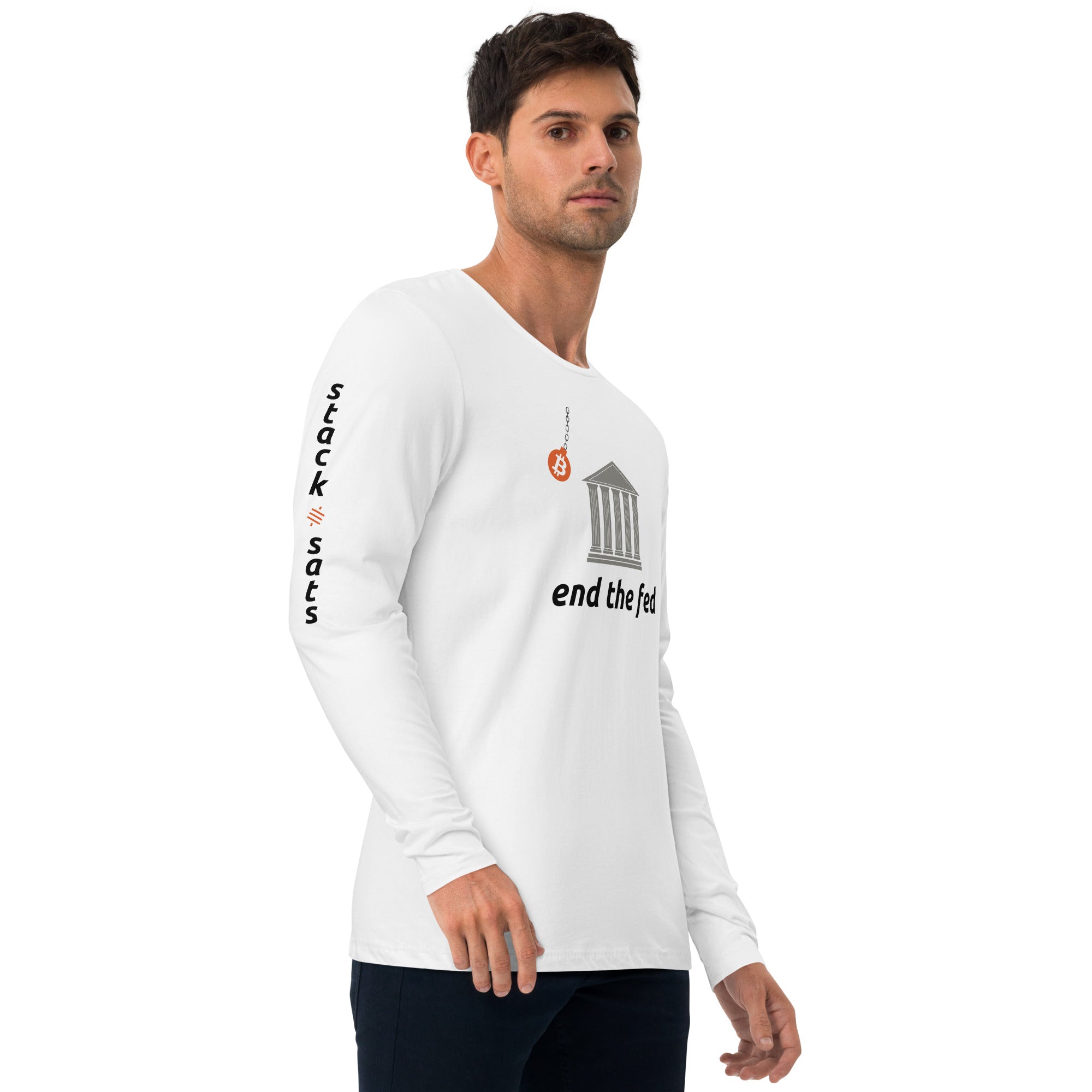 End The Fed White Long Sleeve Shirt With Sleeve Prints - Bitcoin Merchandise - Bitcoin Shirt - Stack Sats - Tick Tock Next Block