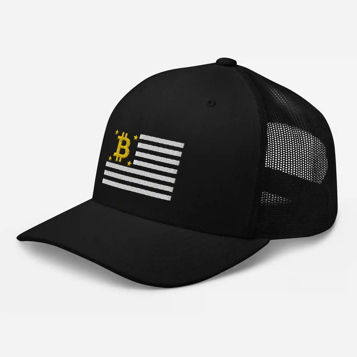 American Bitcoin Flag on black trucker cap - Bitcoin Hat - Bitcoin Merchandise
