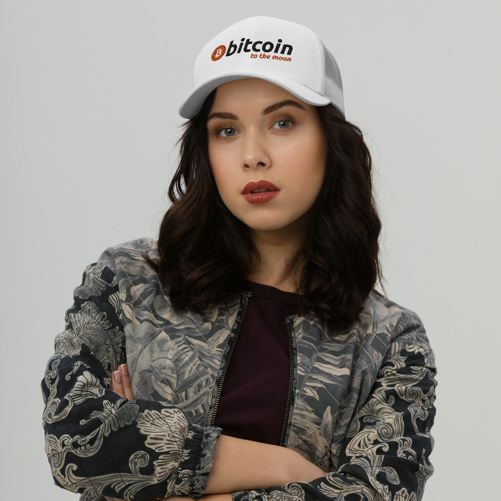 Bitcoin To The Moon White Trucker Cap - Bitcoin Hat - Bitcoin Merch - Hodl BTC