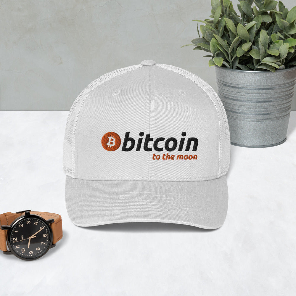 Bitcoin To The Moon White Trucker Cap - Bitcoin Hat - Bitcoin Merch - Hodl BTC