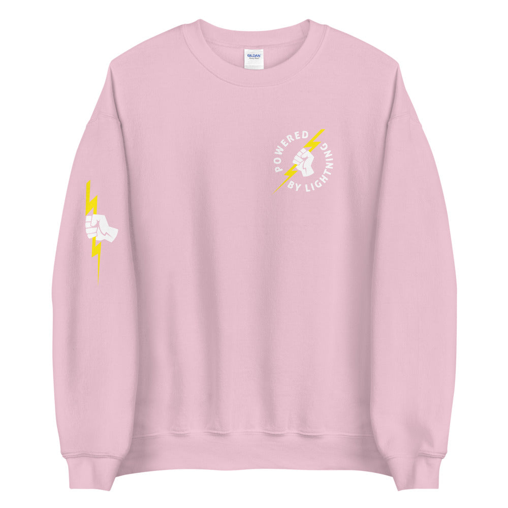 Powered By Lightning Chest Badge Unisex Bitcoin Sweatshirt With Right Sleeve Print
