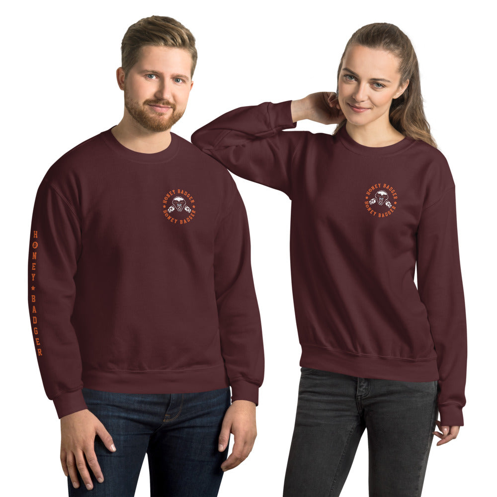 Honey Badger Chest Badge Unisex Sweatshirt With Right Sleeve Vertical Print - Bitcoin Merch - Hodl BTC