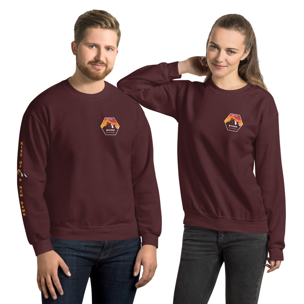 Rise Of A New Dawn Chest Badge Bitcoin Sweatshirt With Right Sleeve Vertical Print - Bitcoin Merchandise - Hodl BTC