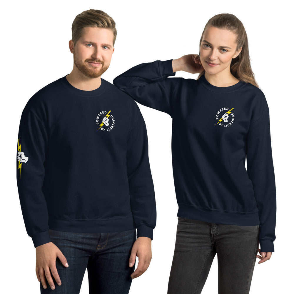 Powered By Lightning Chest Badge Unisex Bitcoin Sweatshirt With Right Sleeve Print