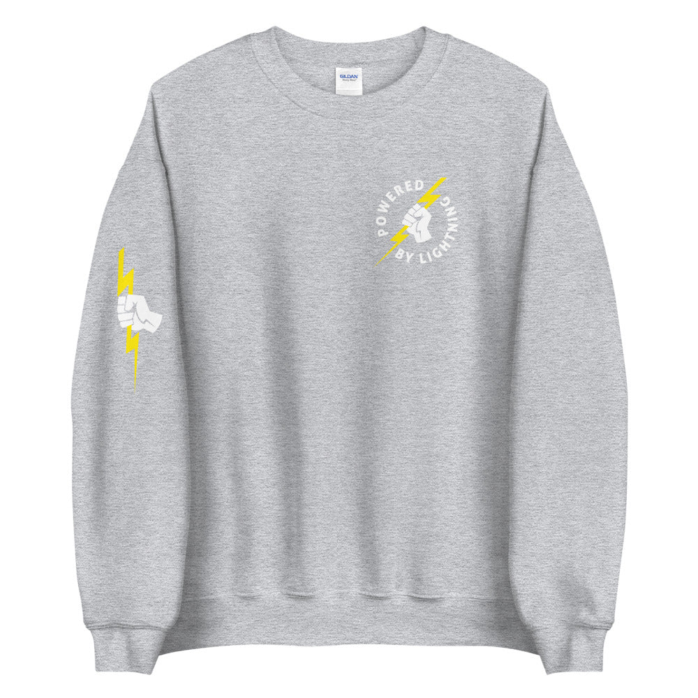 Powered By Lightning Chest Badge Unisex Bitcoin Sweatshirt With Right Sleeve Print