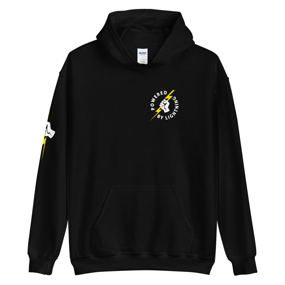 Powered By Lightning Chest Badge Unisex Bitcoin Hoodie With Right Sleeve Print