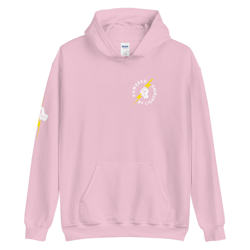 Powered By Lightning Chest Badge Unisex Bitcoin Hoodie With Right Sleeve Print