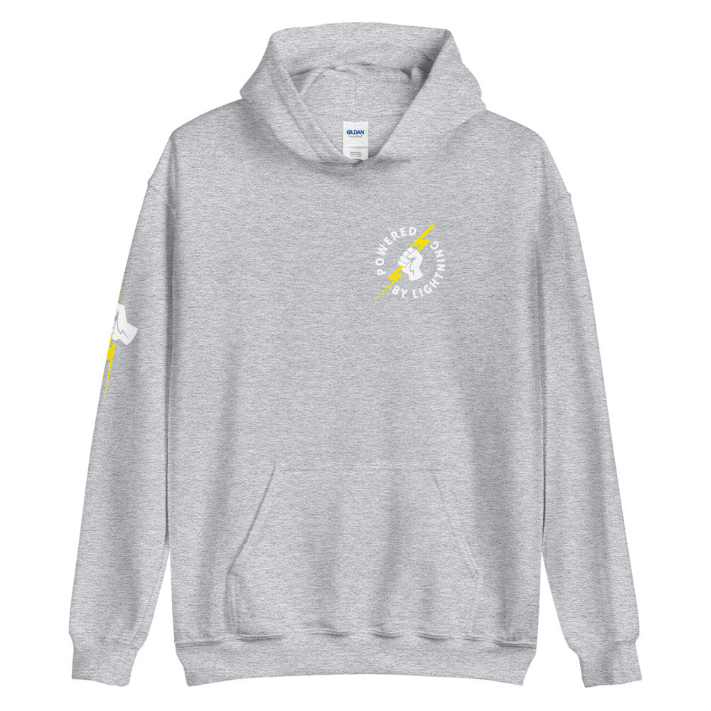 Powered By Lightning Chest Badge Unisex Bitcoin Hoodie With Right Sleeve Print