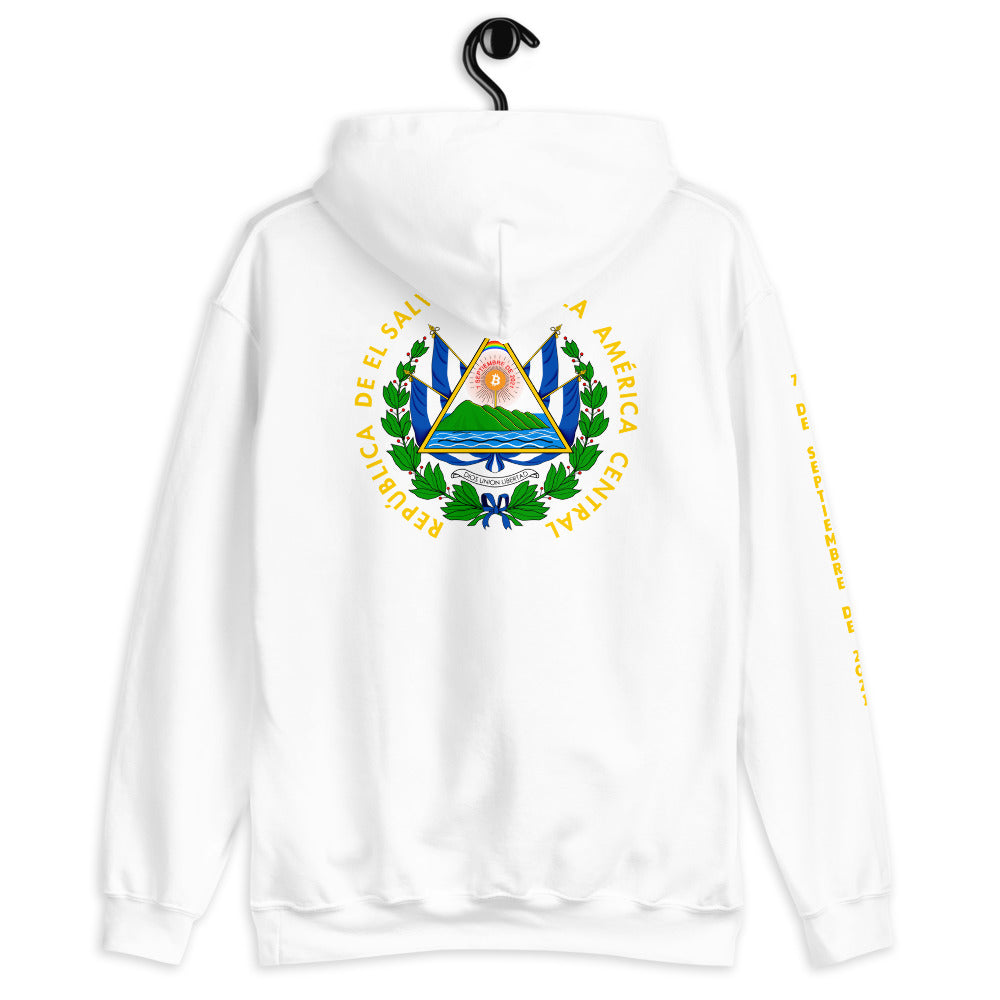 El Salvador Bitcoin Legal Tender Hoodie⎜Chest and Back Design With Right Sleeve Print