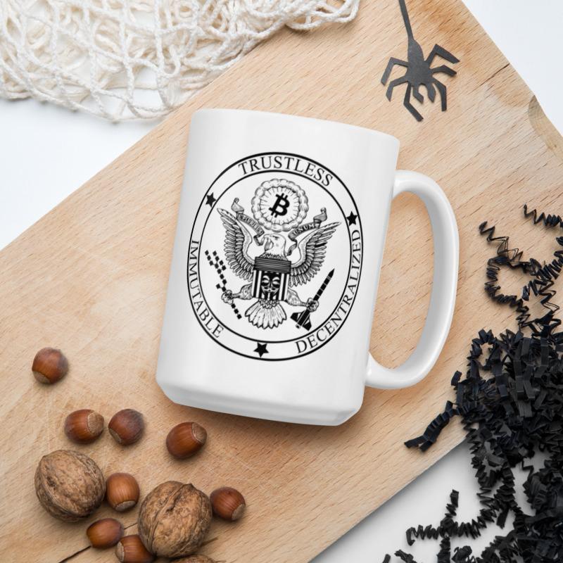 BTC Badge White Mug - 15oz - Bitcoin Merchandise - Tea - Coffee