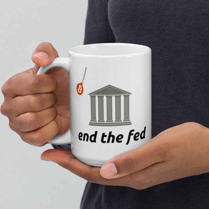 White Glossy End The Fed Bitcoin Wrecking Ball Mug - 15 oz.